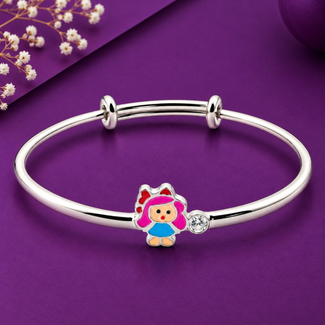 Sweet Princess Doll & Sparkle Zircon 925 Sterling Silver Adjustable Kids Kadas