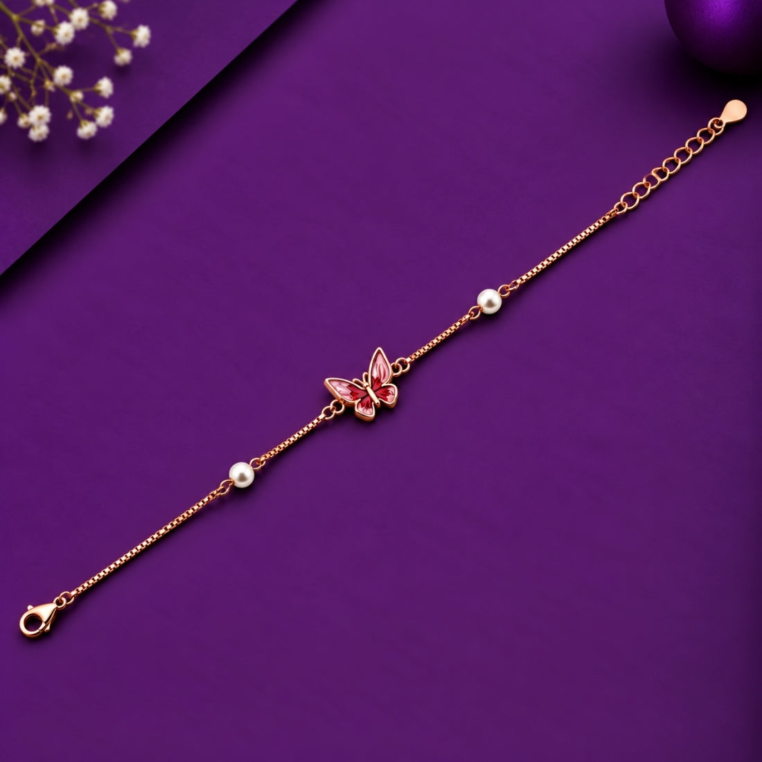 The Crimson Monarch – 925 Rose Gold Red Butterfly Bracelet