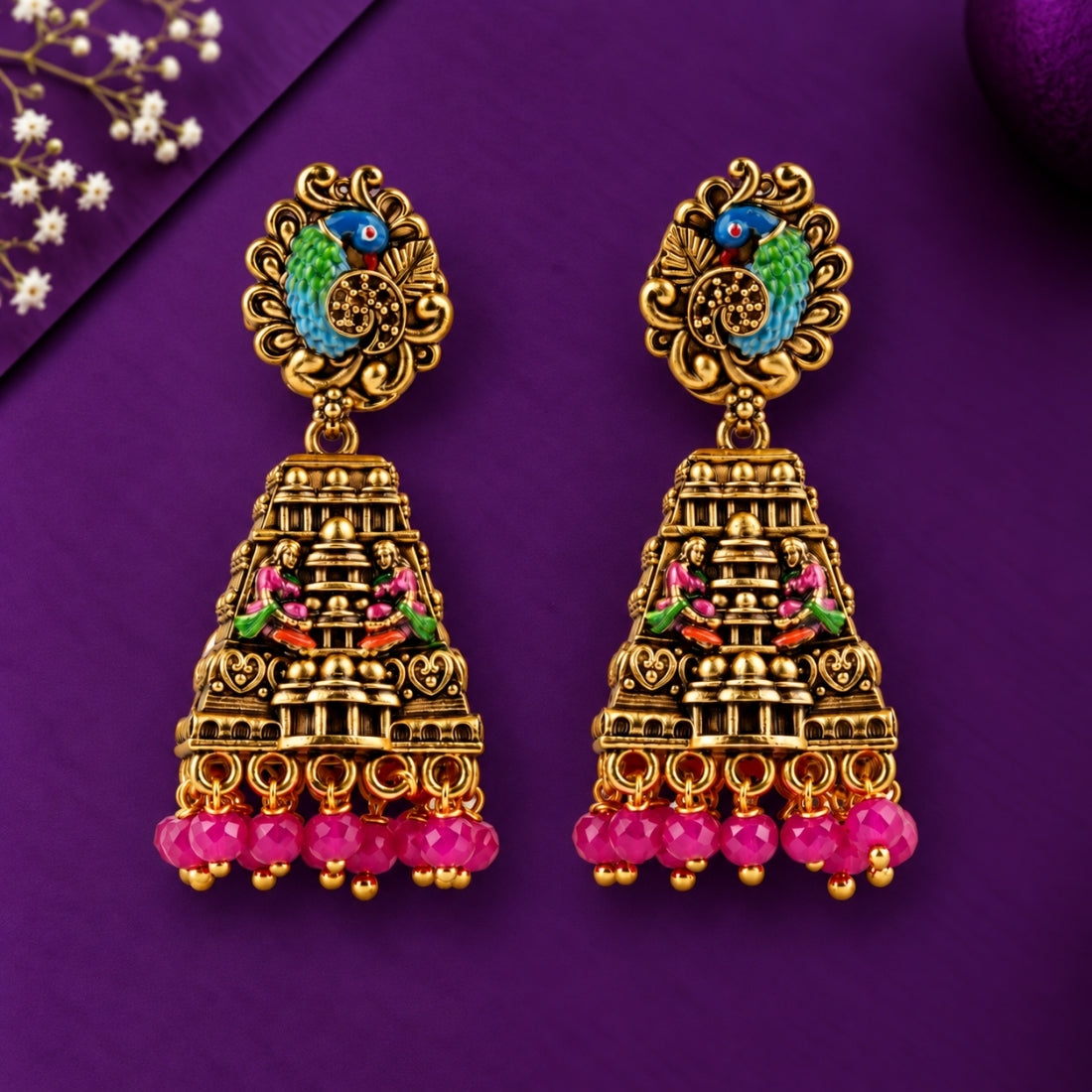 The Mayur Gopuram Fuchsia Enamel 925 Silver Jhumkas