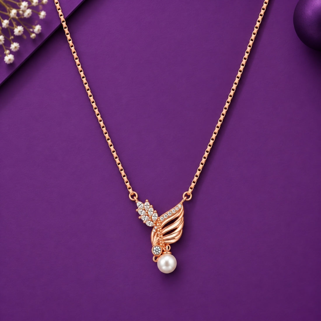 The Angelic Grace Wing & Pearl Rose 925 Silver Chain