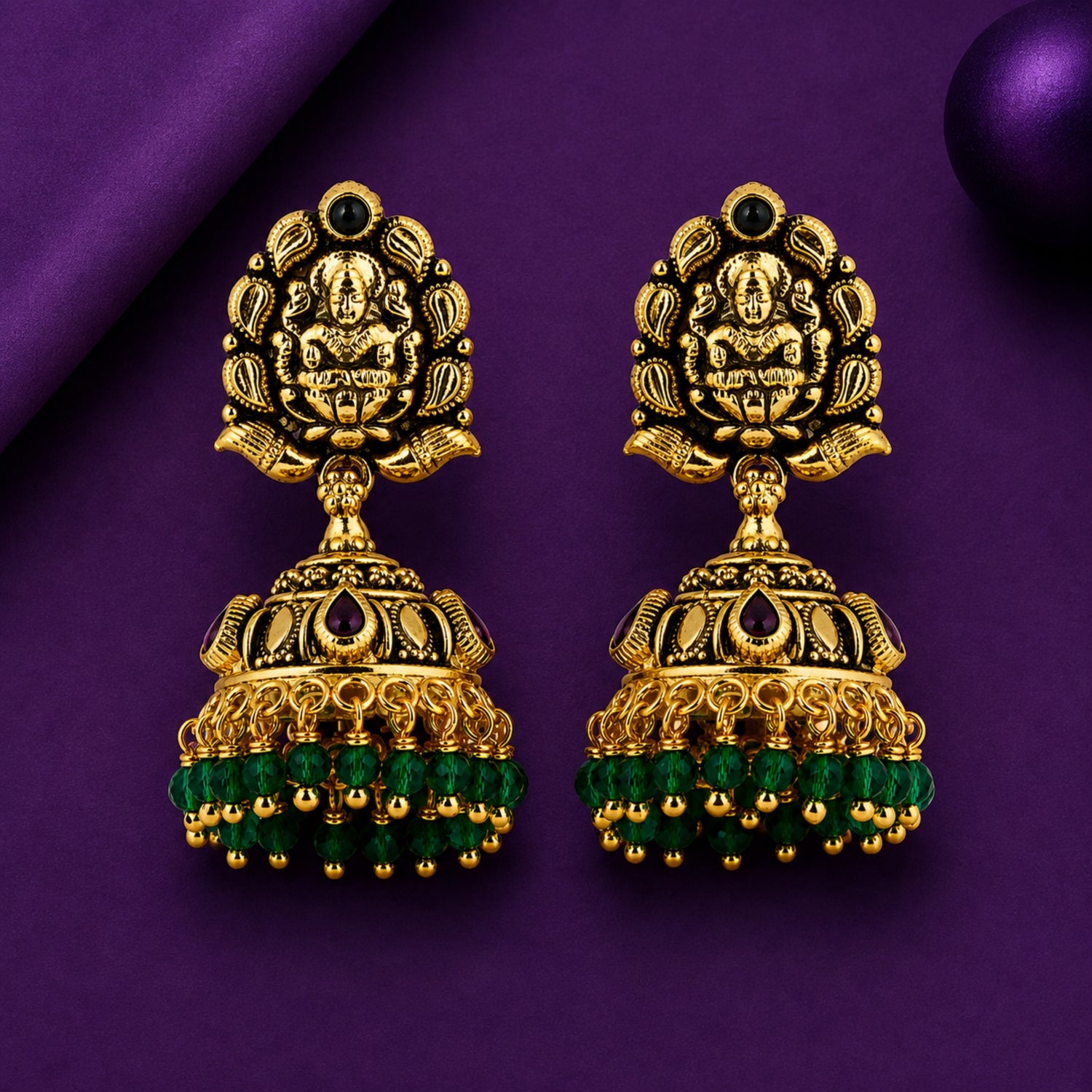 The Lakshmi Emerald Cascade Jhumka – 925 Sterling Silver (Antique Gold Finish)