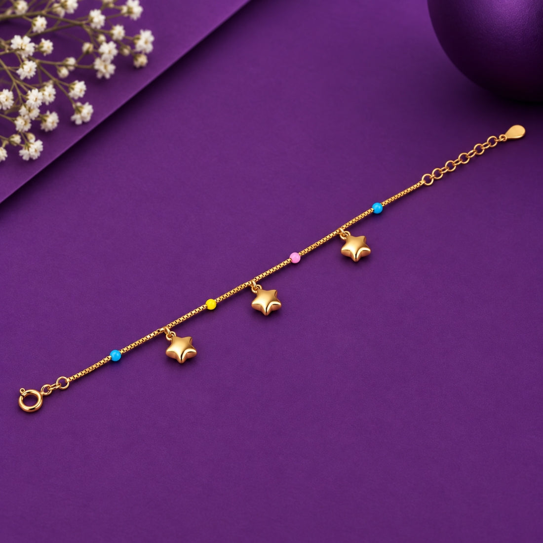 Starry Night 925 Sterling Silver Gold-Plated Puffy Star Kids Charm Bracelet
