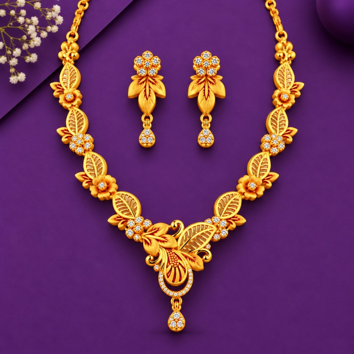 The Mayura Botanical Shimmer 925 Silver Gold-Plated Necklace Set