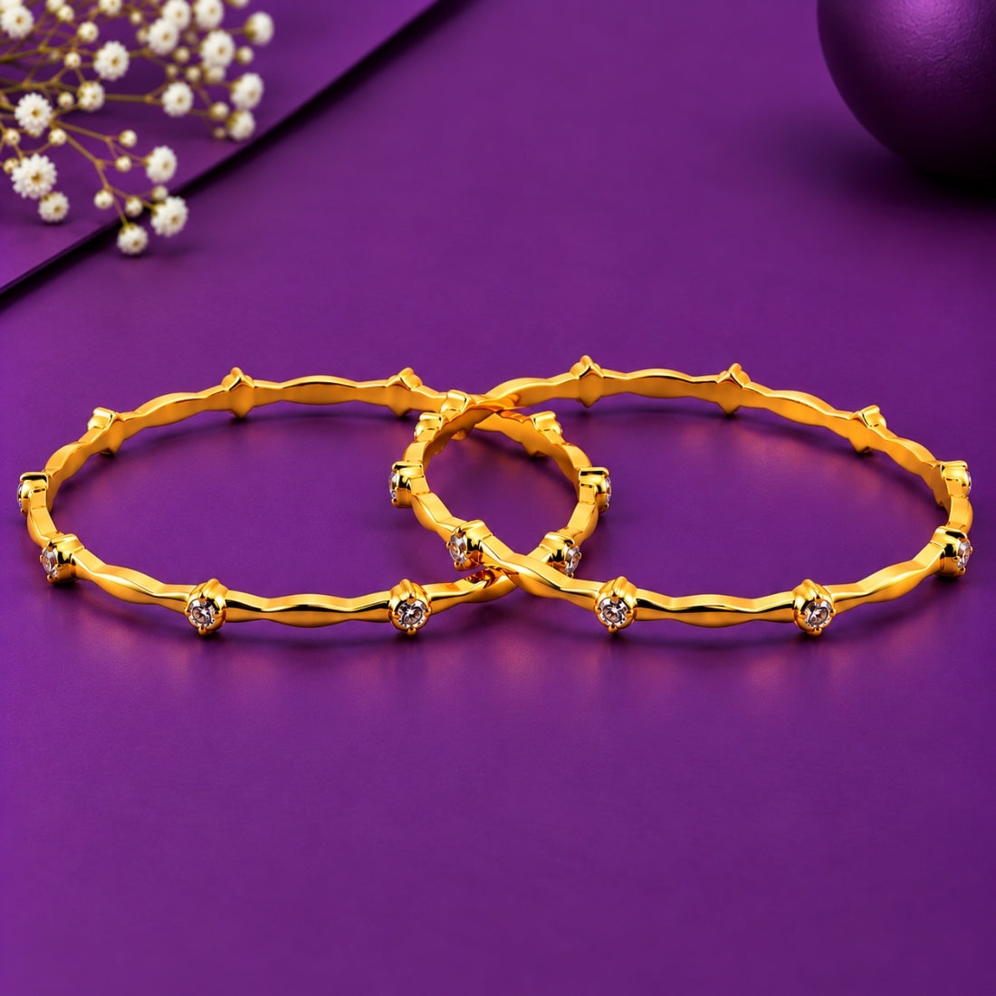The Regal Fleur Wave Solitaire Bangles (Set of 2 in 925 Sterling Silver with Premium 24K Gold Polish)