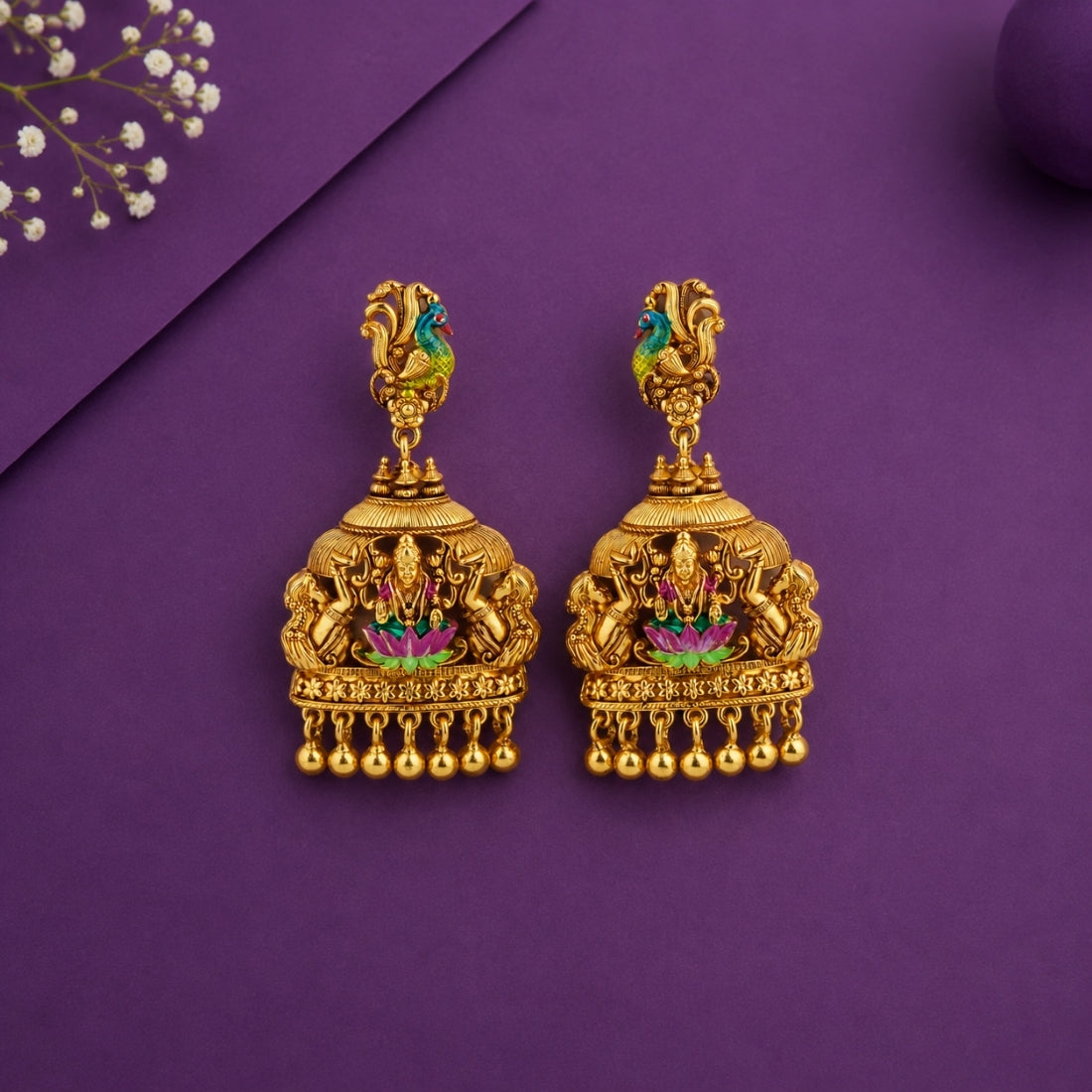 The Gajalakshmi Mayura Mandapam Jhumkas (Gold-Plated 925 Sterling Silver)