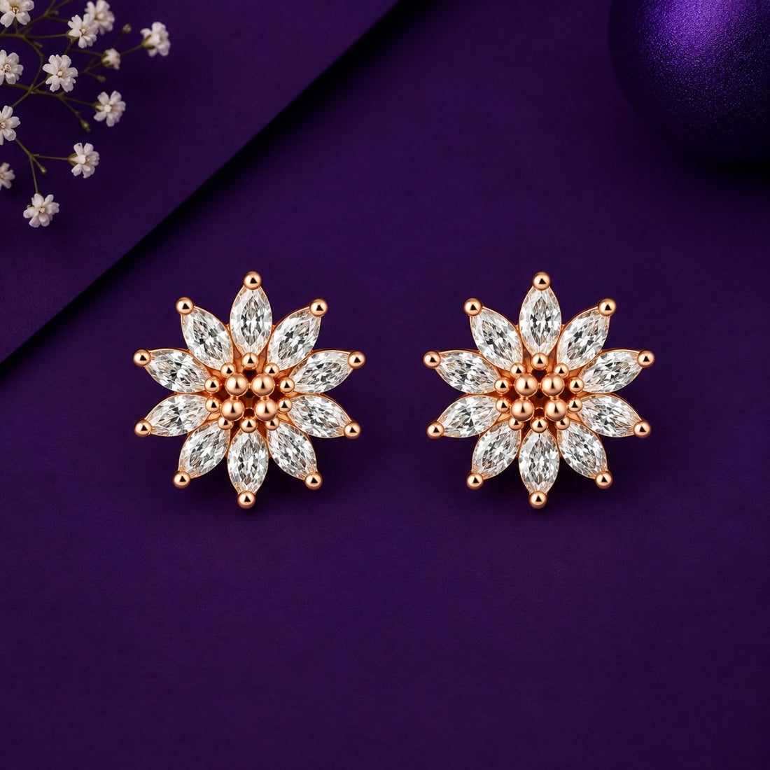 Rose Gold Radiant Sunflower Marquise Stud Earrings