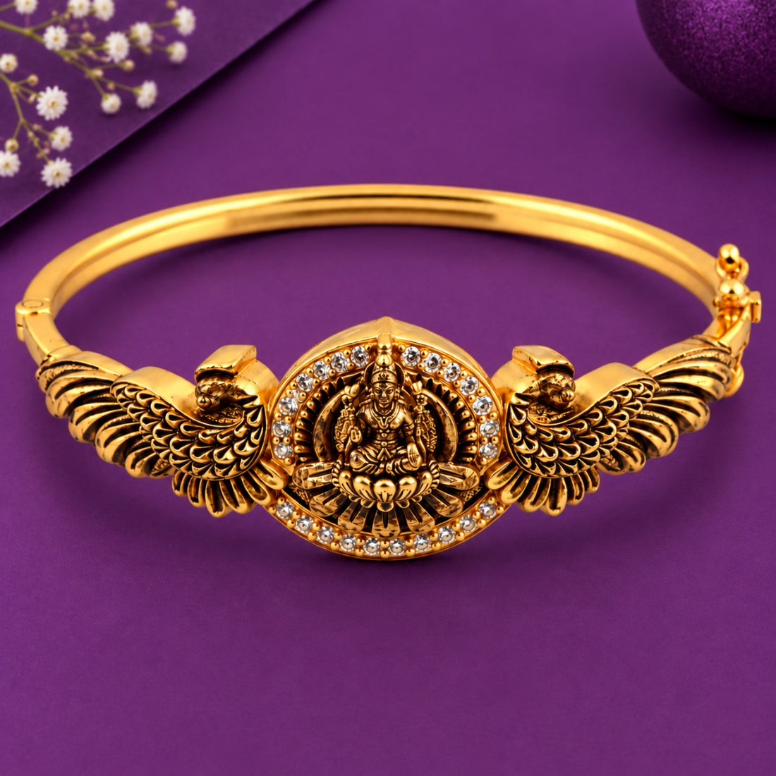 The Royal Lakshmi Circular Lotus & Mayura Antique 925 Silver Kada