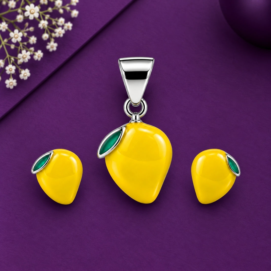 Juicy Mango 925 Sterling Silver Enamel Pendant & Stud Earring Set for Kids
