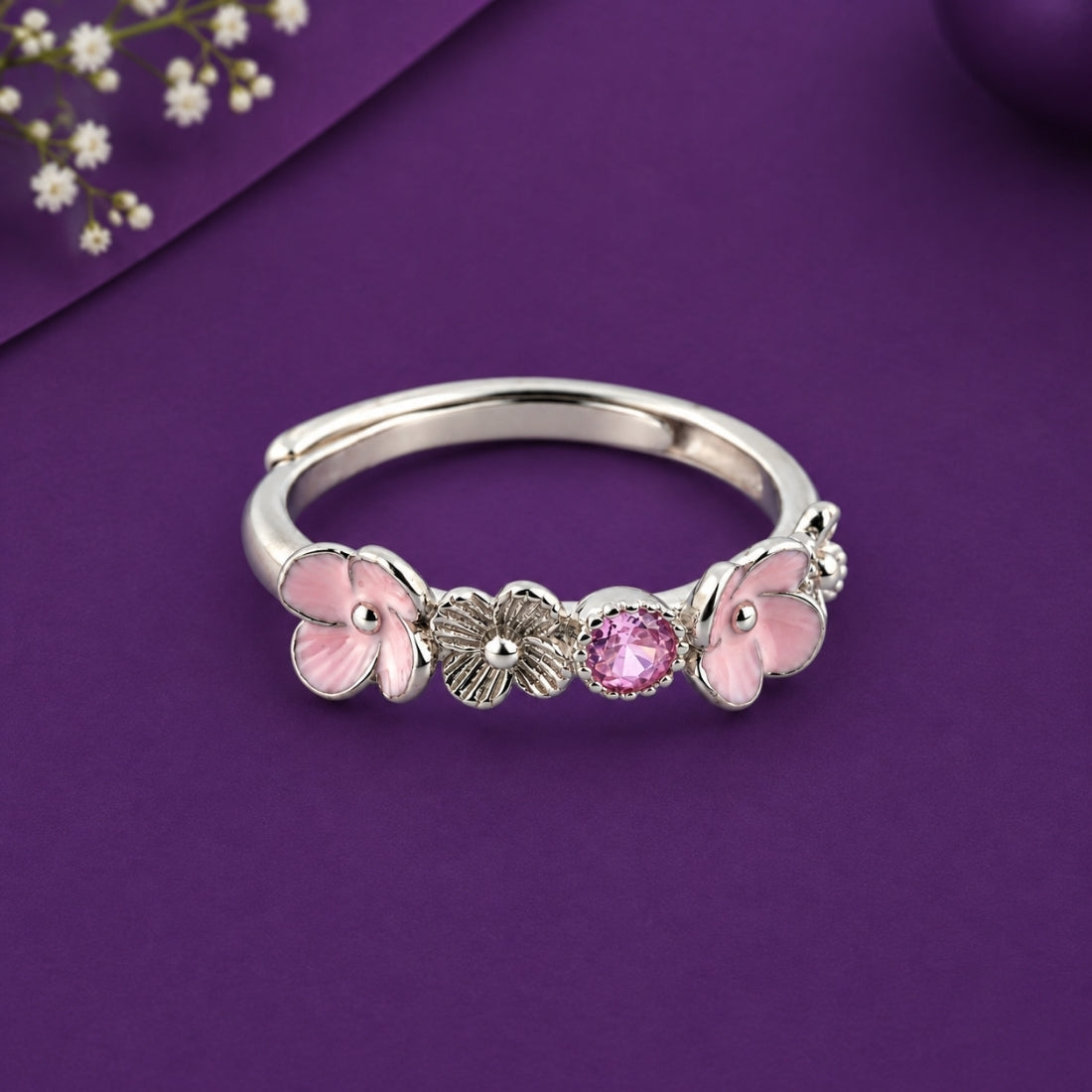 Blossom & Pink Crystal Flora 925 Silver Ring