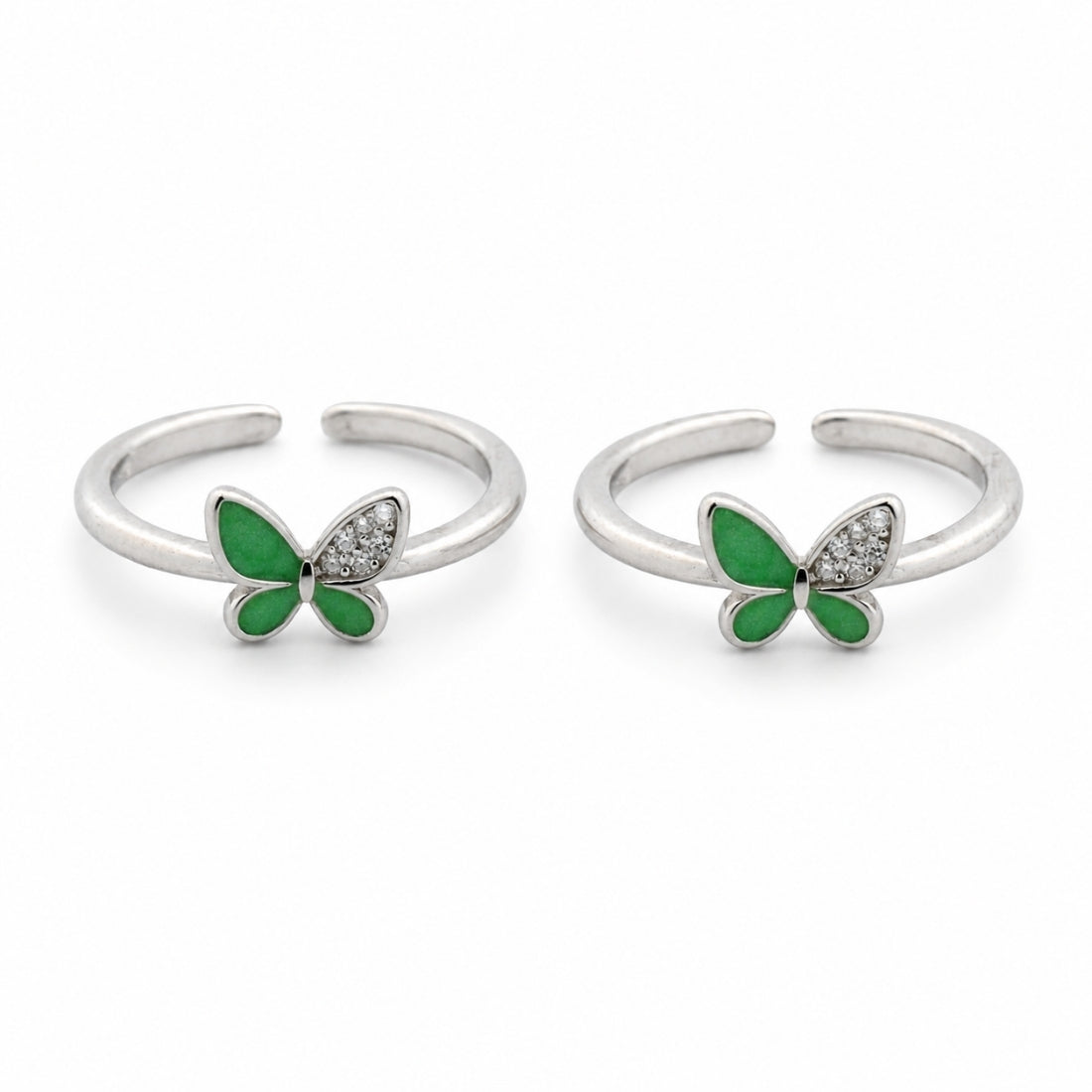 Emerald Hue Enamel & Pavé Butterfly Toe Rings (Pair)