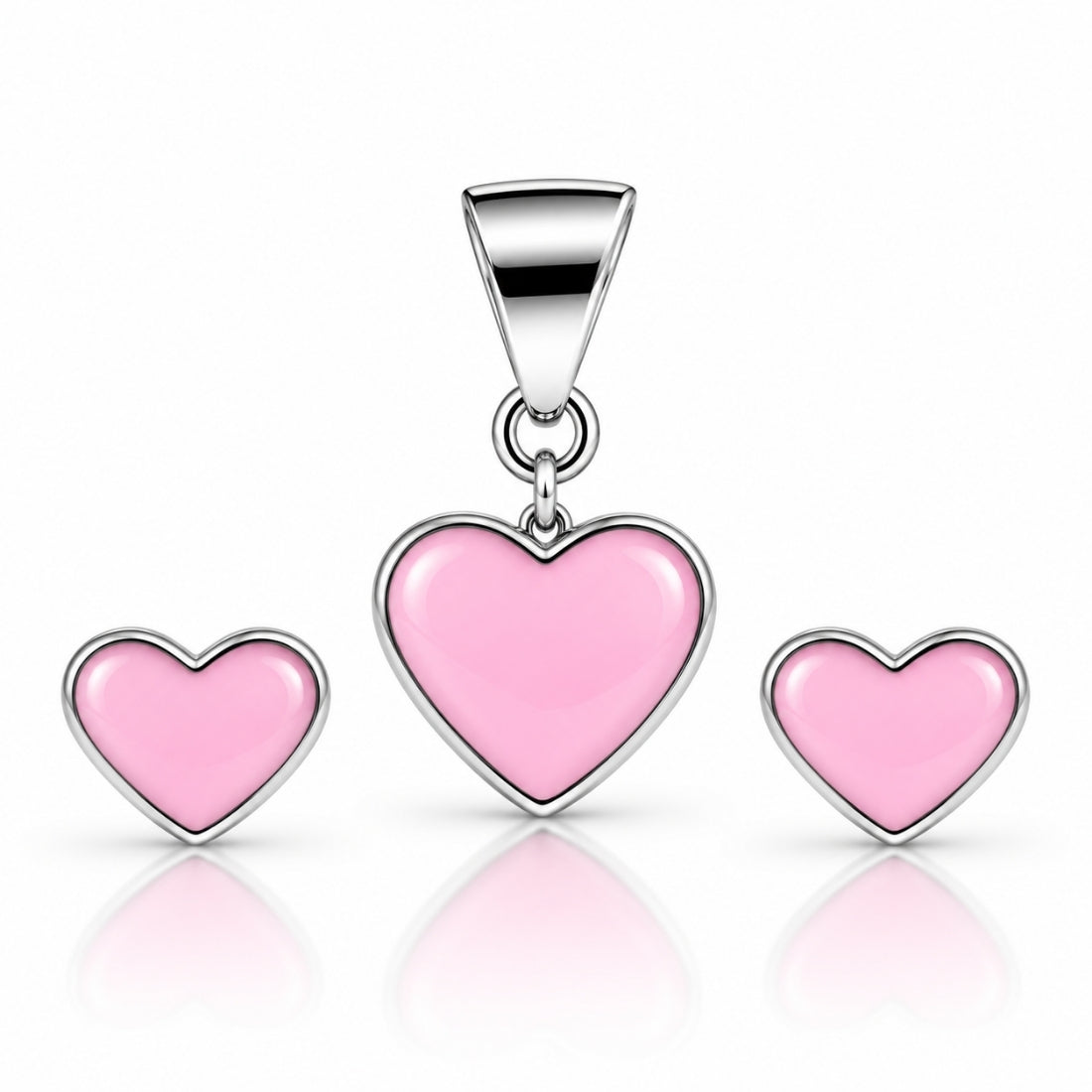 Pink Princess Heart 925 Sterling Silver Enamel Pendant & Stud Earring Set for Kids