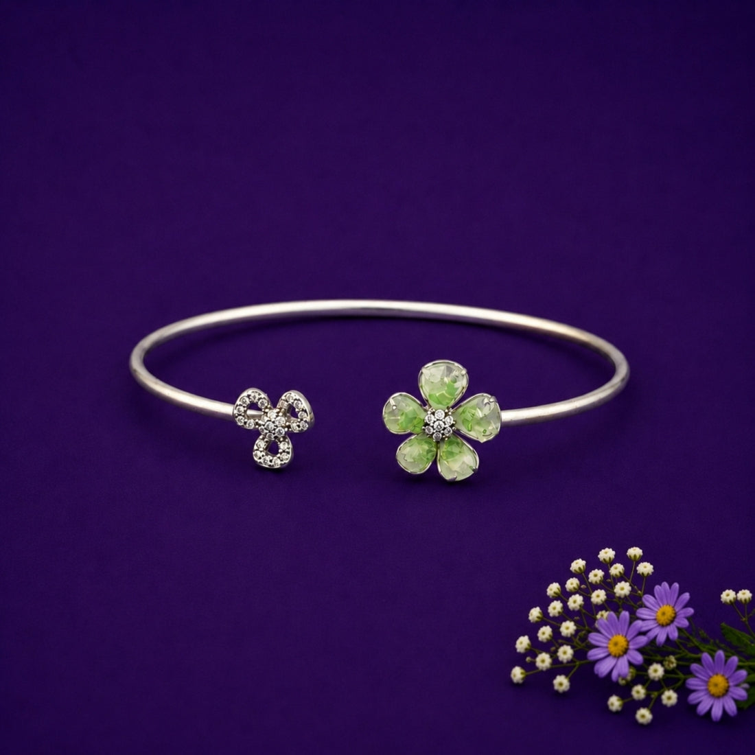 925 Sterling Silver Green Enamel Meadow Blossom Kada