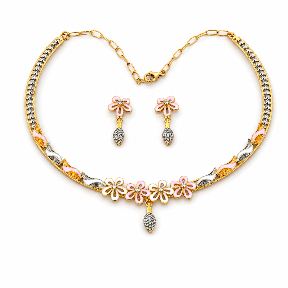 Gulmohar Blossom 925 Sterling Silver Rose Gold Floral Necklace & Earring Set