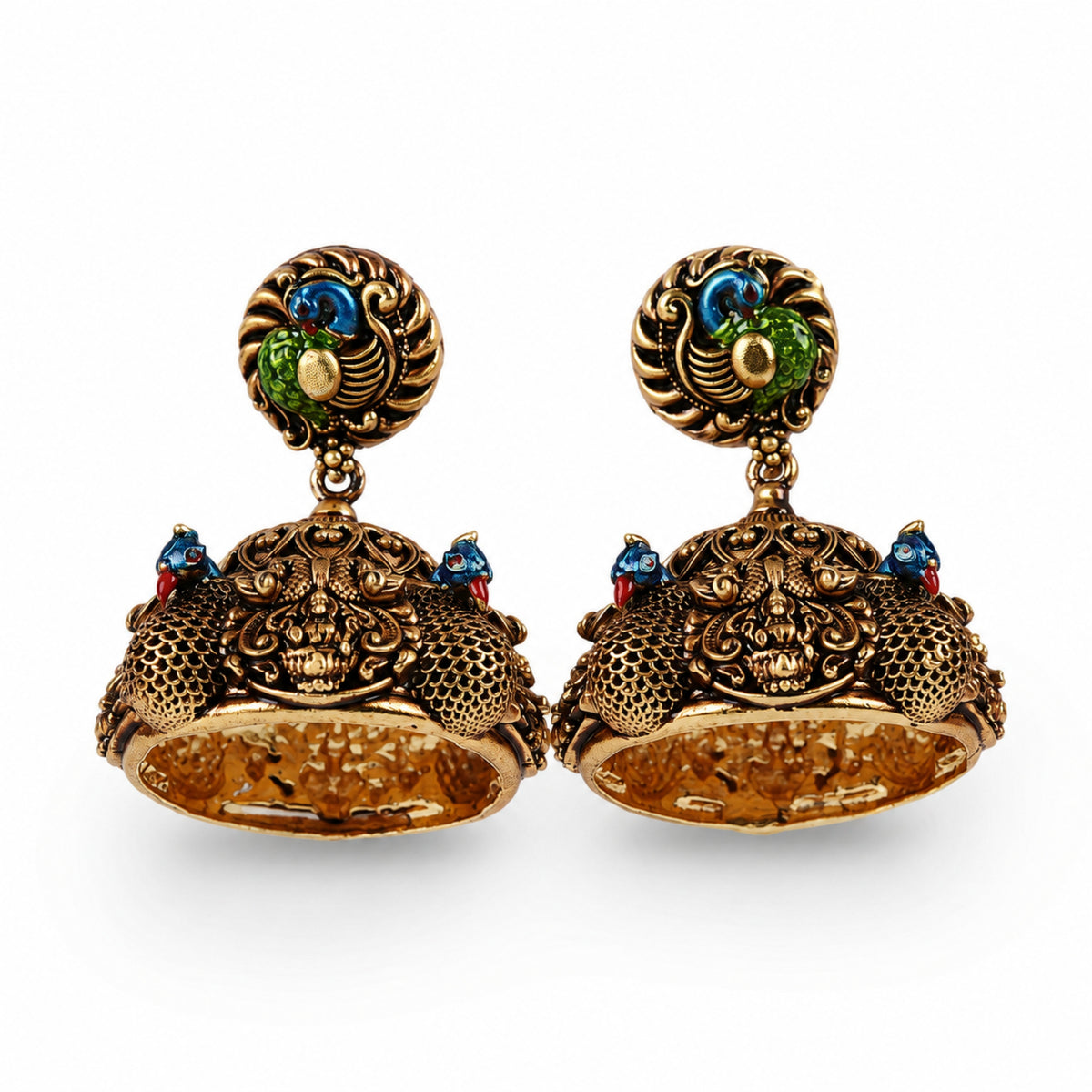 Mayura Mudra Antique 925 Silver Gold-Plated Jhumkas
