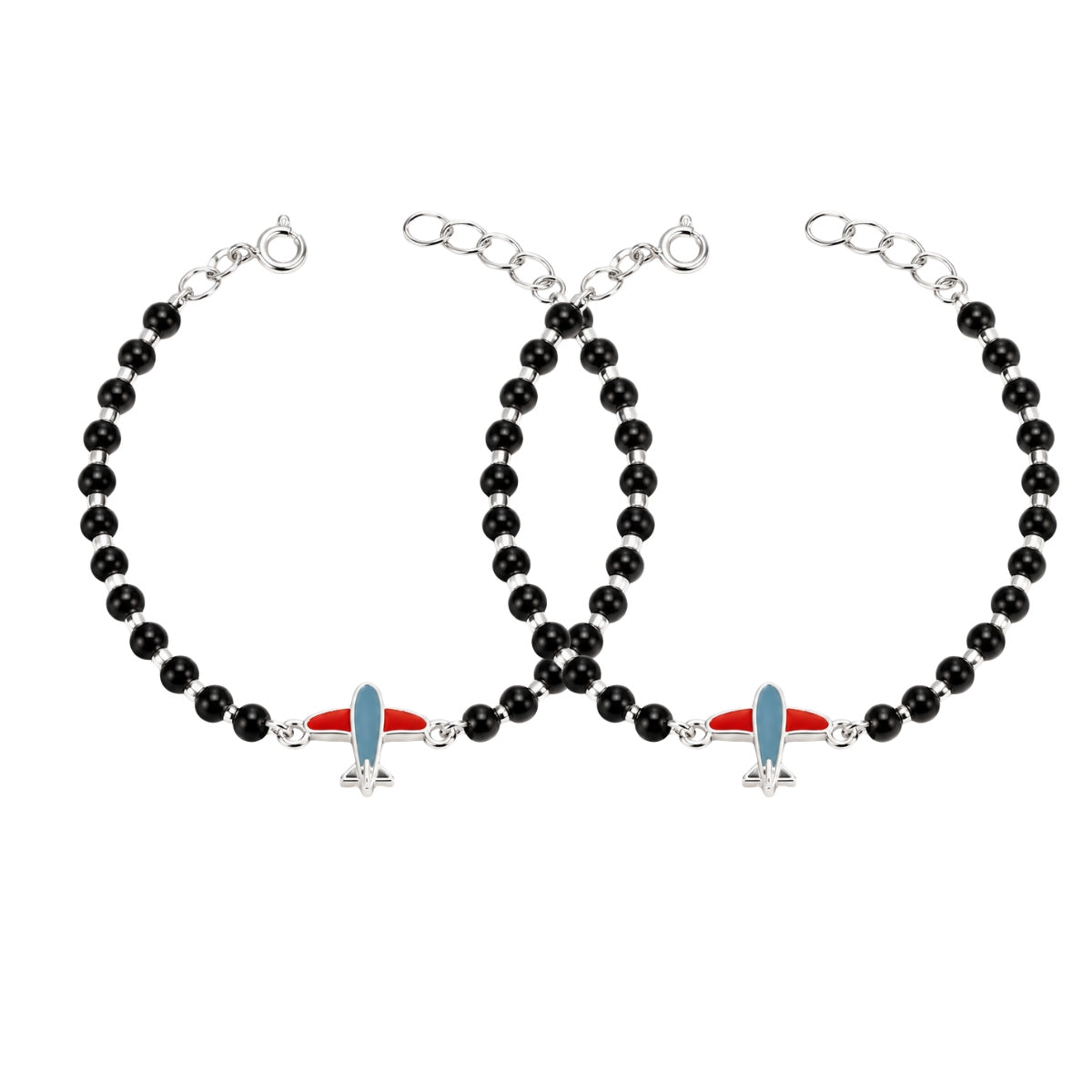 Cute Airplane Enamel Black Bead Bracelets in 925 Silver