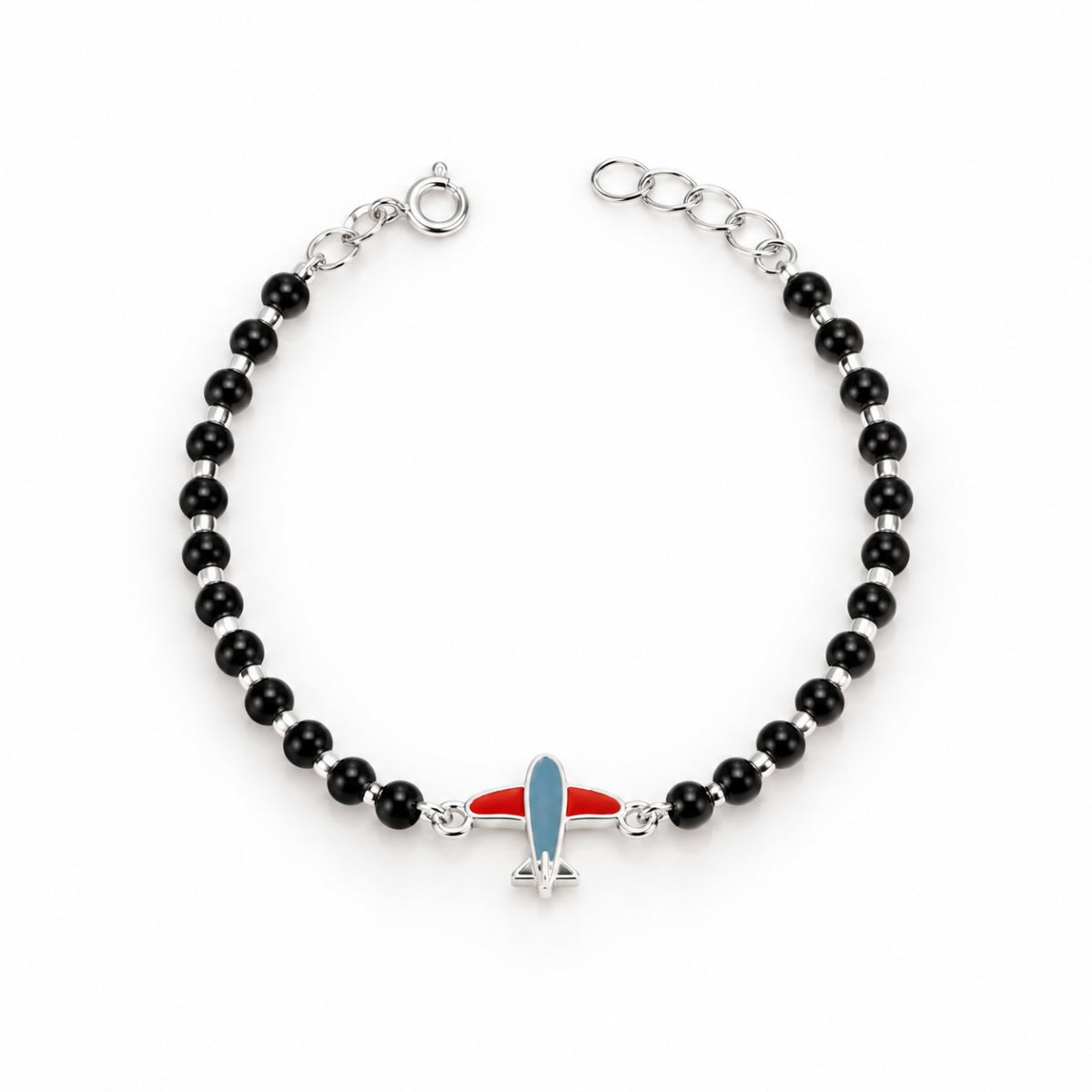 Cute Airplane Enamel Black Bead Bracelets in 925 Silver