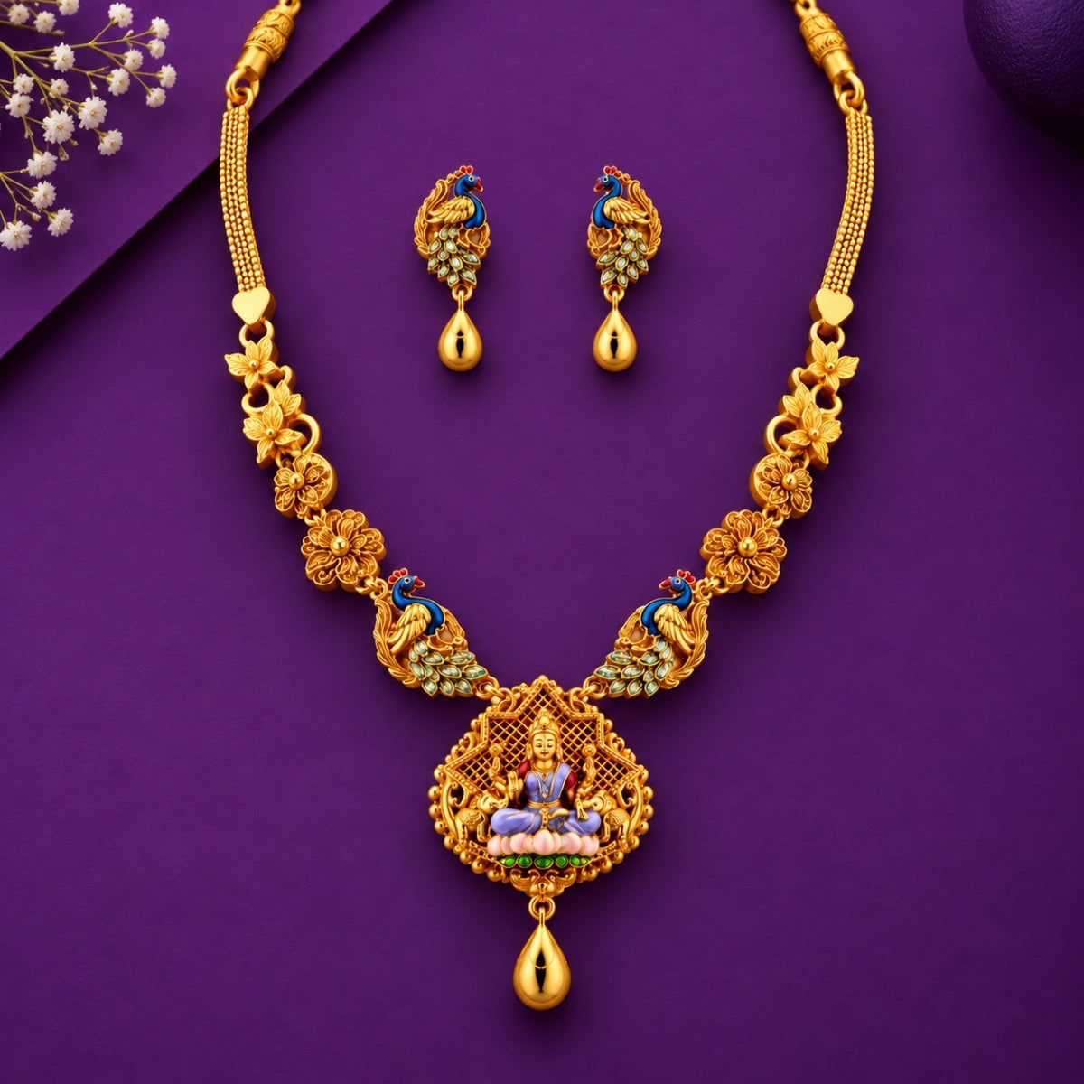 The Goddess Lakshmi Peacock Heritage 925 Silver Gold-Plated Necklace Set