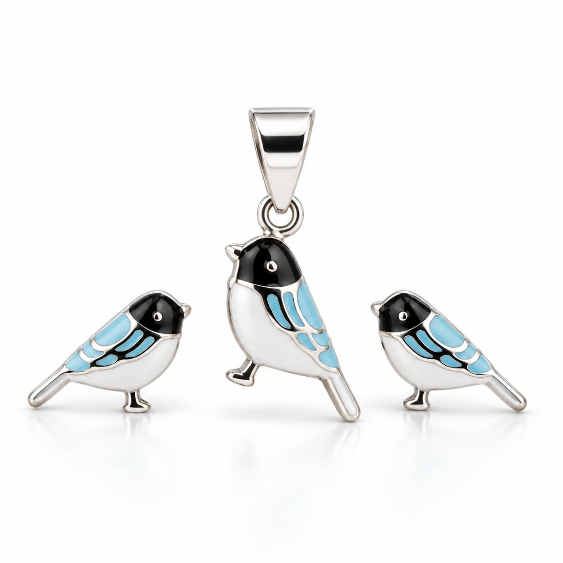 Little Bluebird 925 Sterling Silver Enamel Pendant & Stud Earring Set for Kids