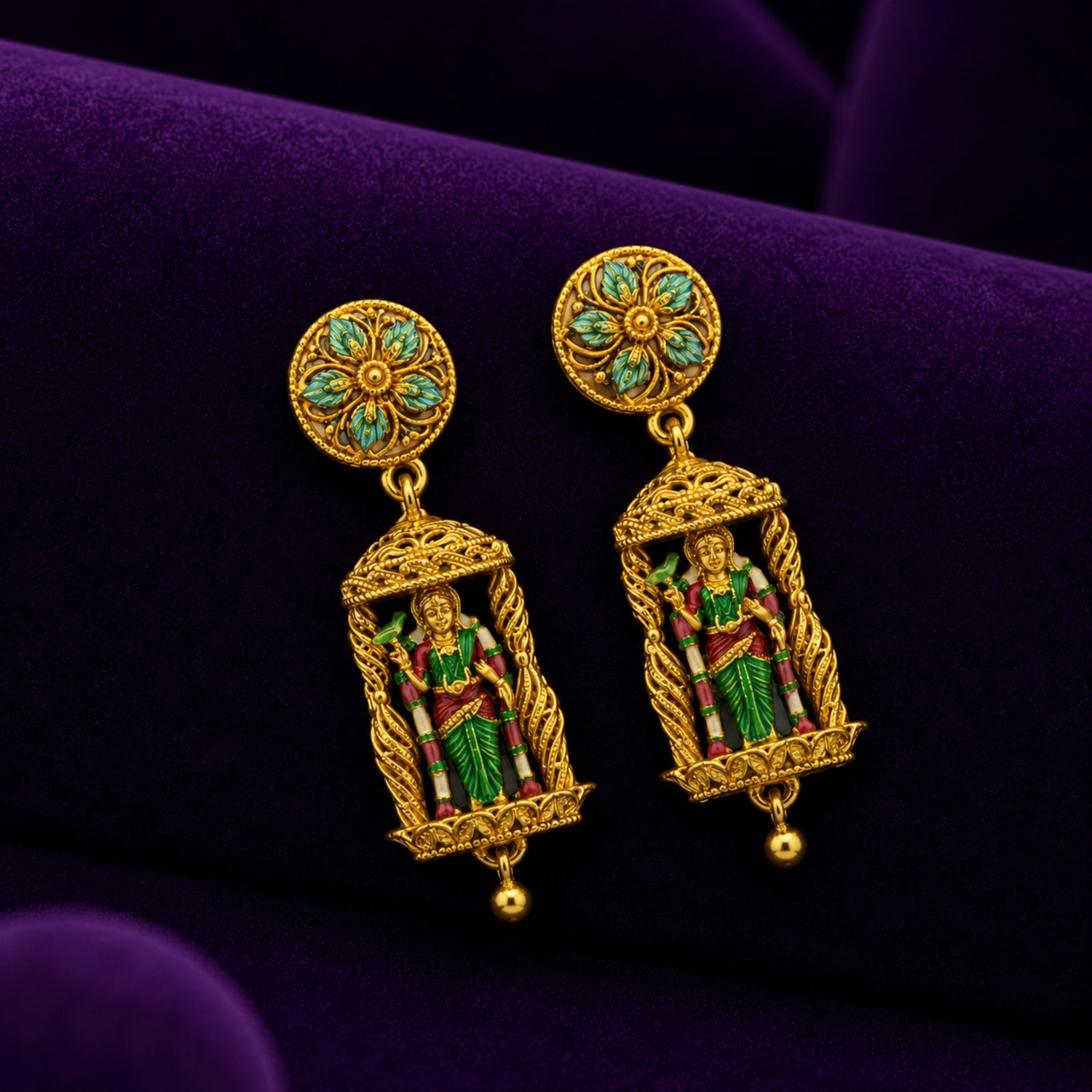 The "Goddess Meenakshi" Meenakari Gold Polish 925 Silver Jhumka