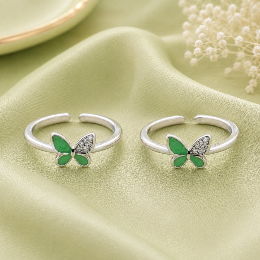 Emerald Hue Enamel & Pavé Butterfly Toe Rings (Pair)