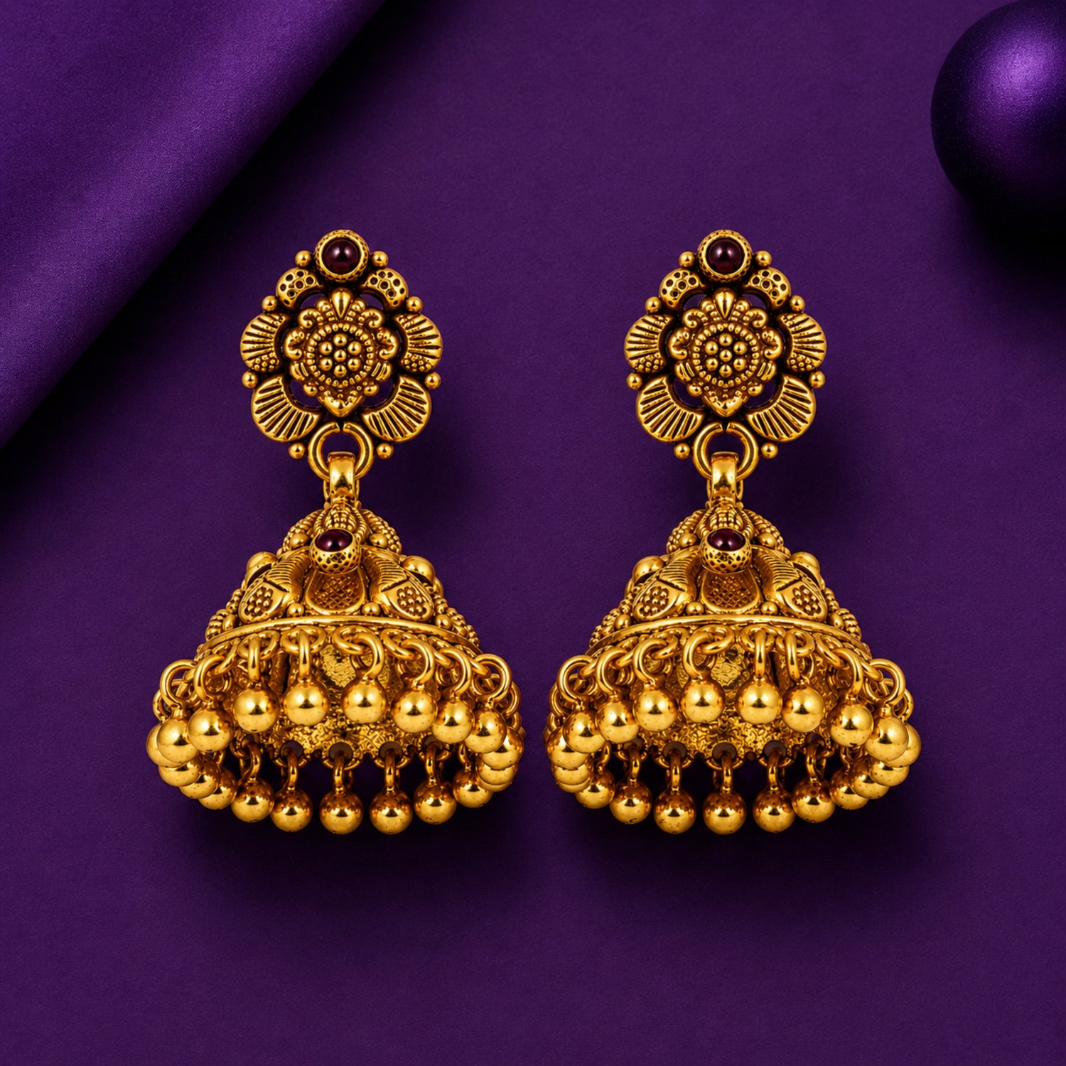 The Padma Blossom Antique Jhumka – 925 Sterling Silver (Antique Gold Finish)