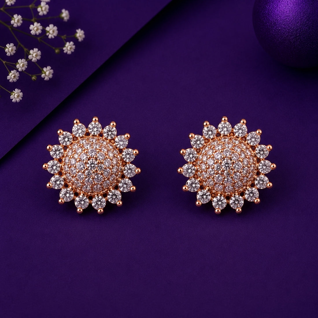 Rose Gold Pavé Dome Sunflower Stud Earrings