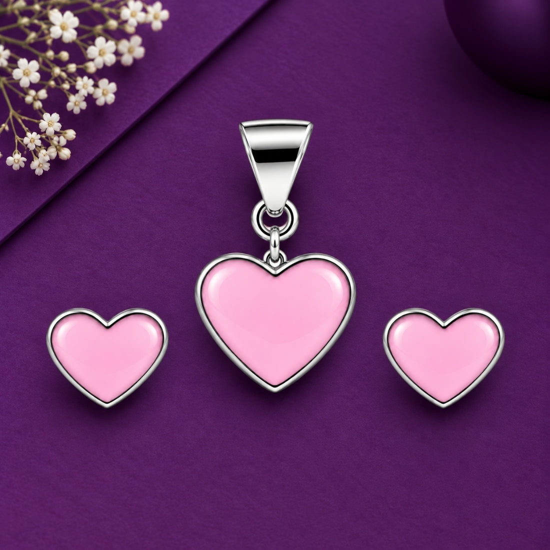 Pink Princess Heart 925 Sterling Silver Enamel Pendant & Stud Earring Set for Kids