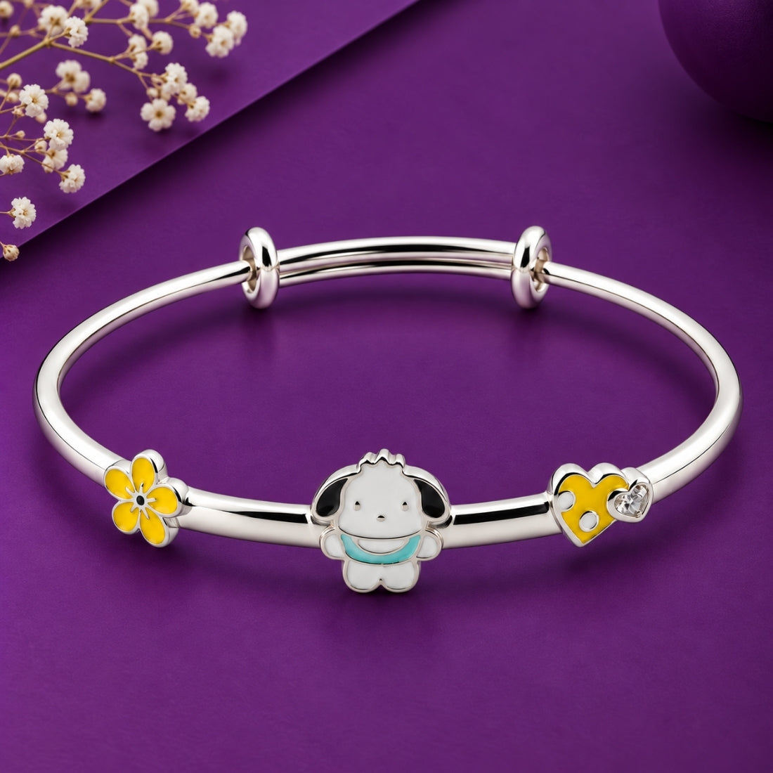 Pochacco Puppy & Golden Meadow 925 Sterling Silver Adjustable Kids Kadas