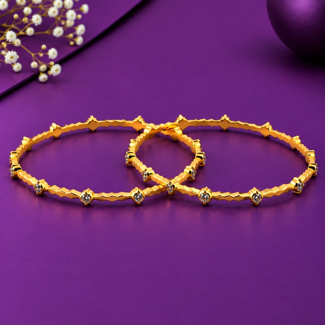 The Regal Prism Chevron Stackable Bangles (Set of 2 in 925 Sterling Silver with Radiant 24K Gold Polish)