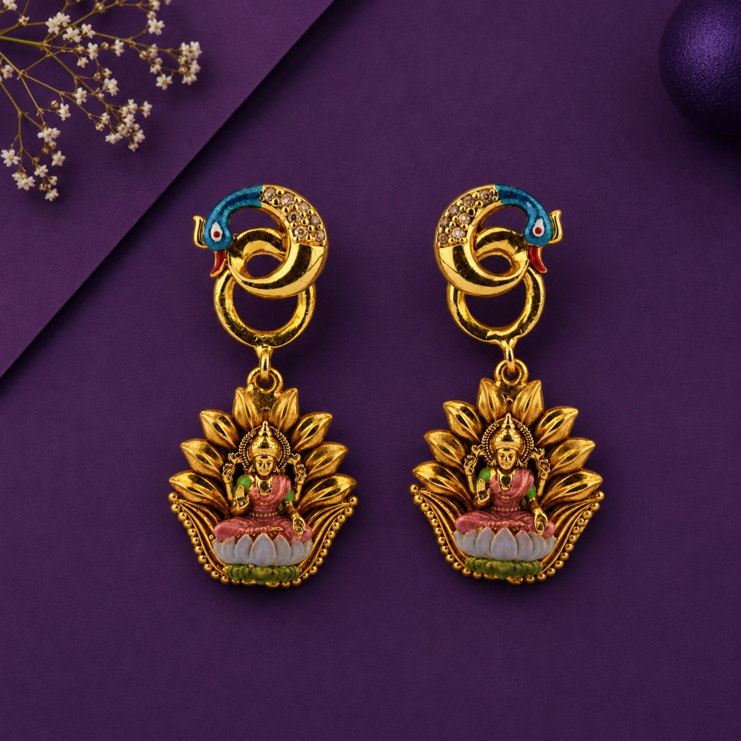Mayura Lakshmi Meenakari Shield Silver Drops