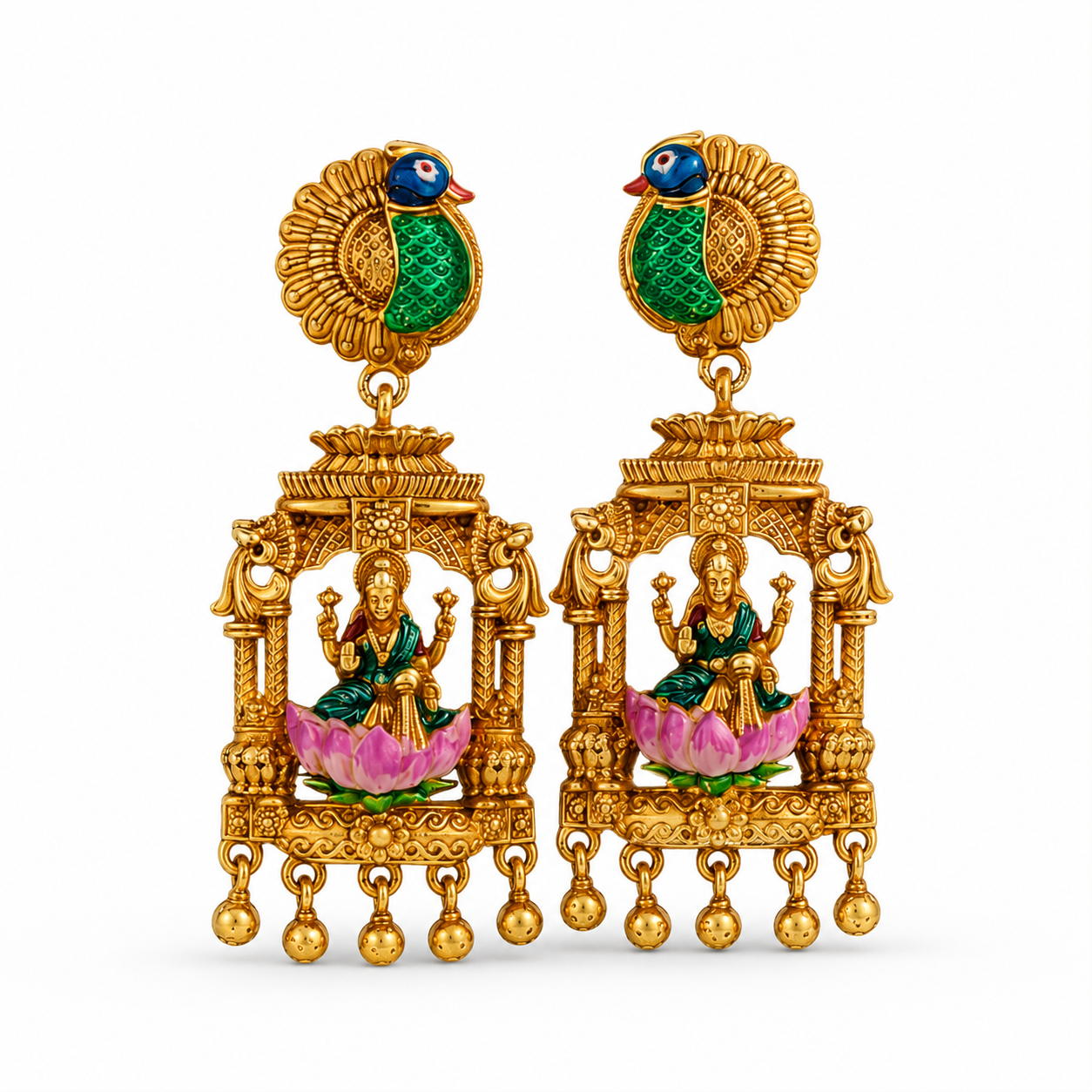 Imperial Peacock Stud Lakshmi Mandap Gold-Plated 925 Silver Drops