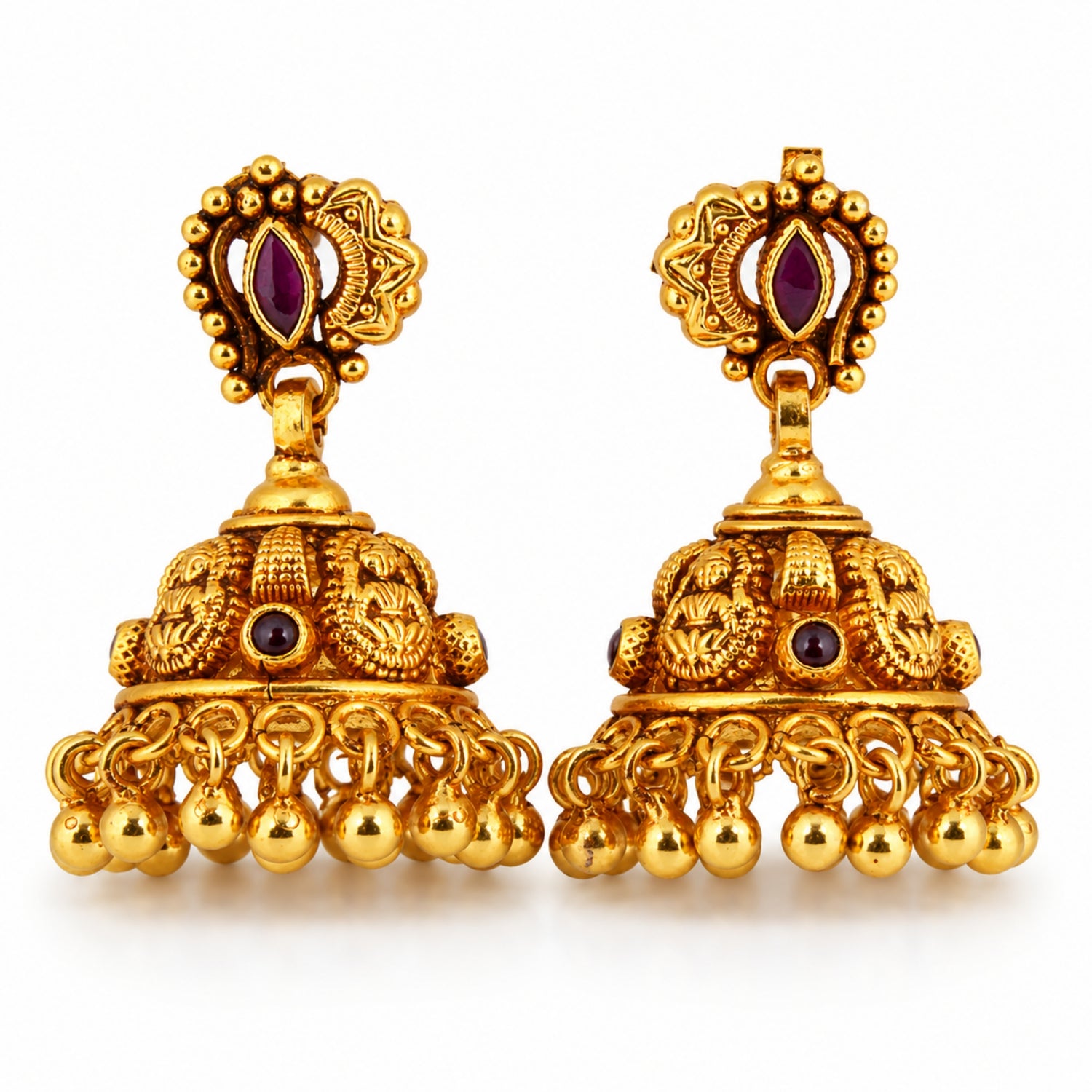 The Mayura Ruby Teardrop Jhumka – 925 Sterling Silver (Antique Gold Finish)