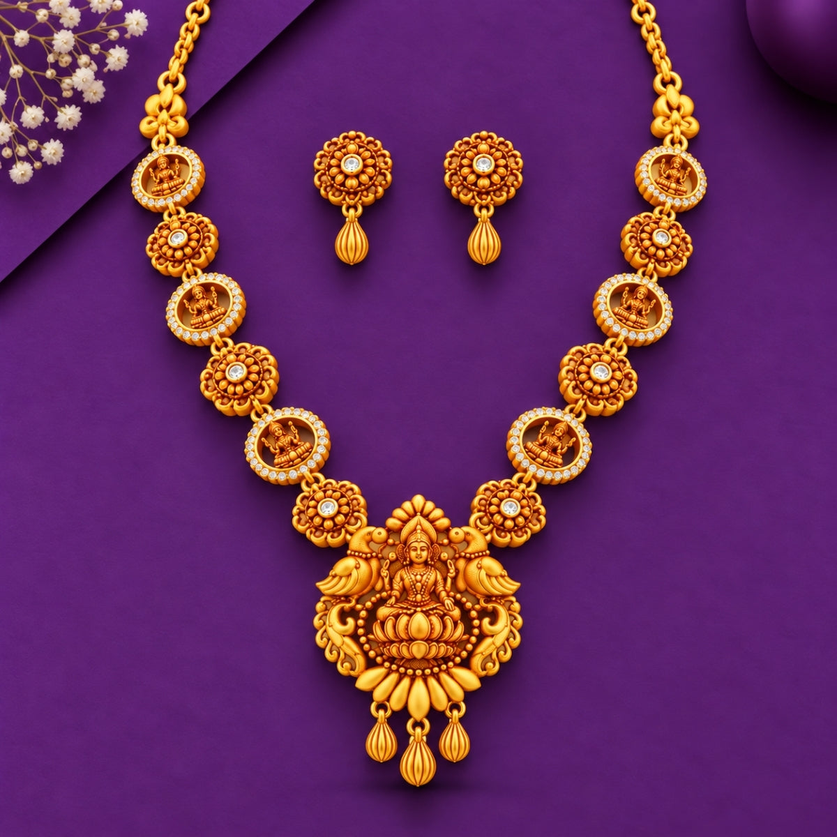 The Divine Lakshmi Peacock Temple 925 Silver Gold-Plated Necklace Set