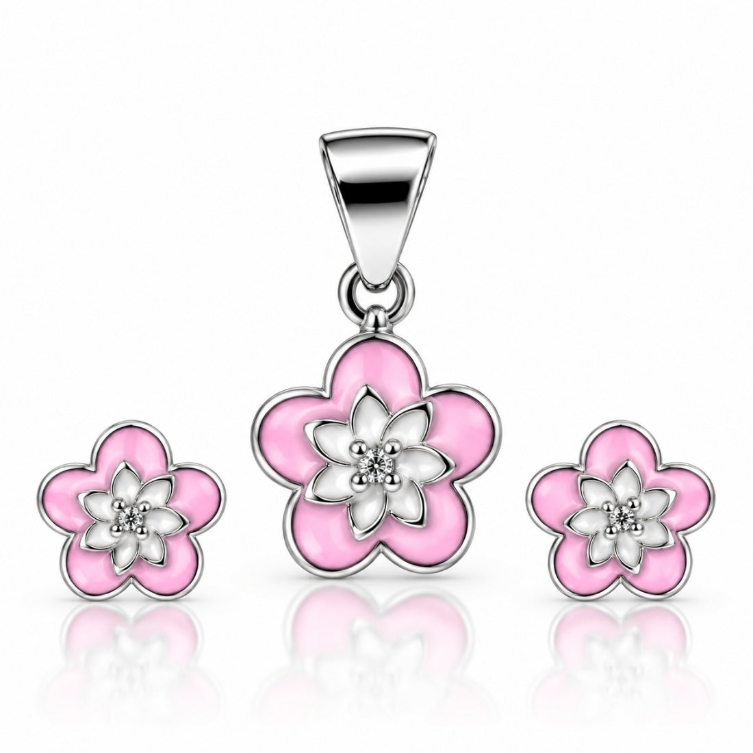 Blooming Lotus 925 Sterling Silver Dual-Tone Enamel Pendant & Stud Earring Set for Kids