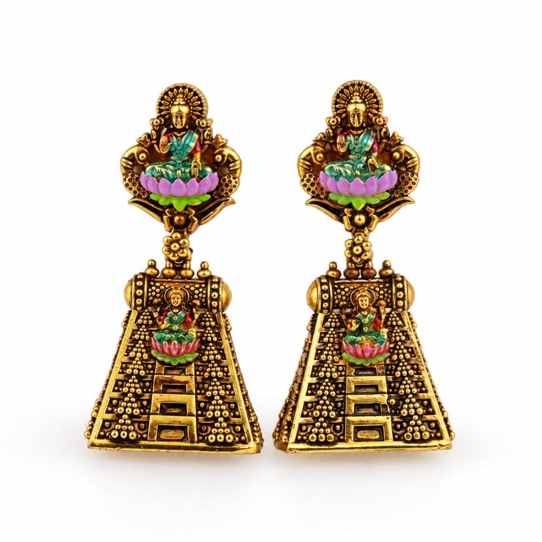 The Devika Gopuram 925 Silver Antique Gold Enamel Earrings