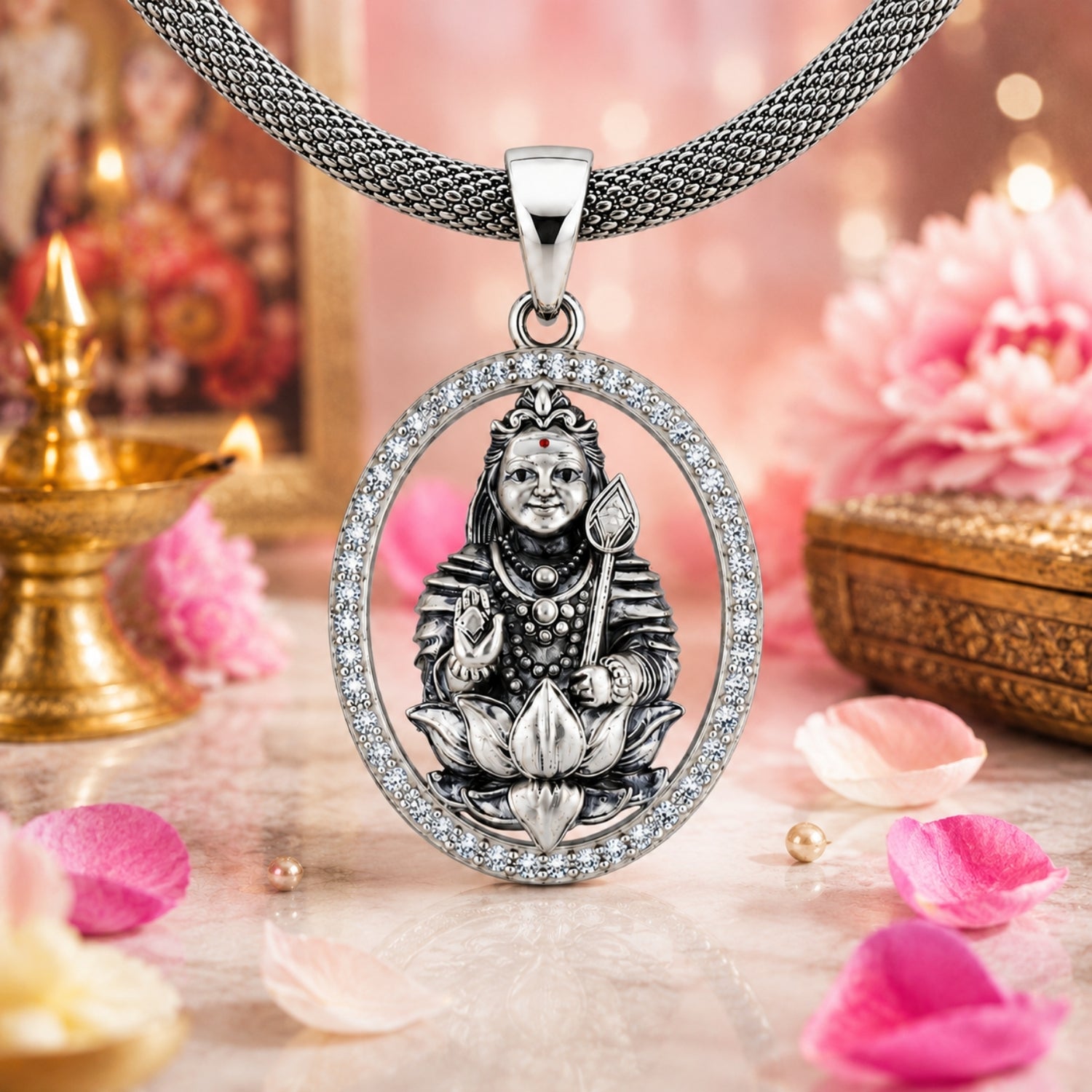 The 925 Sterling Silver Divine Murugan Lotus Halo Pendant