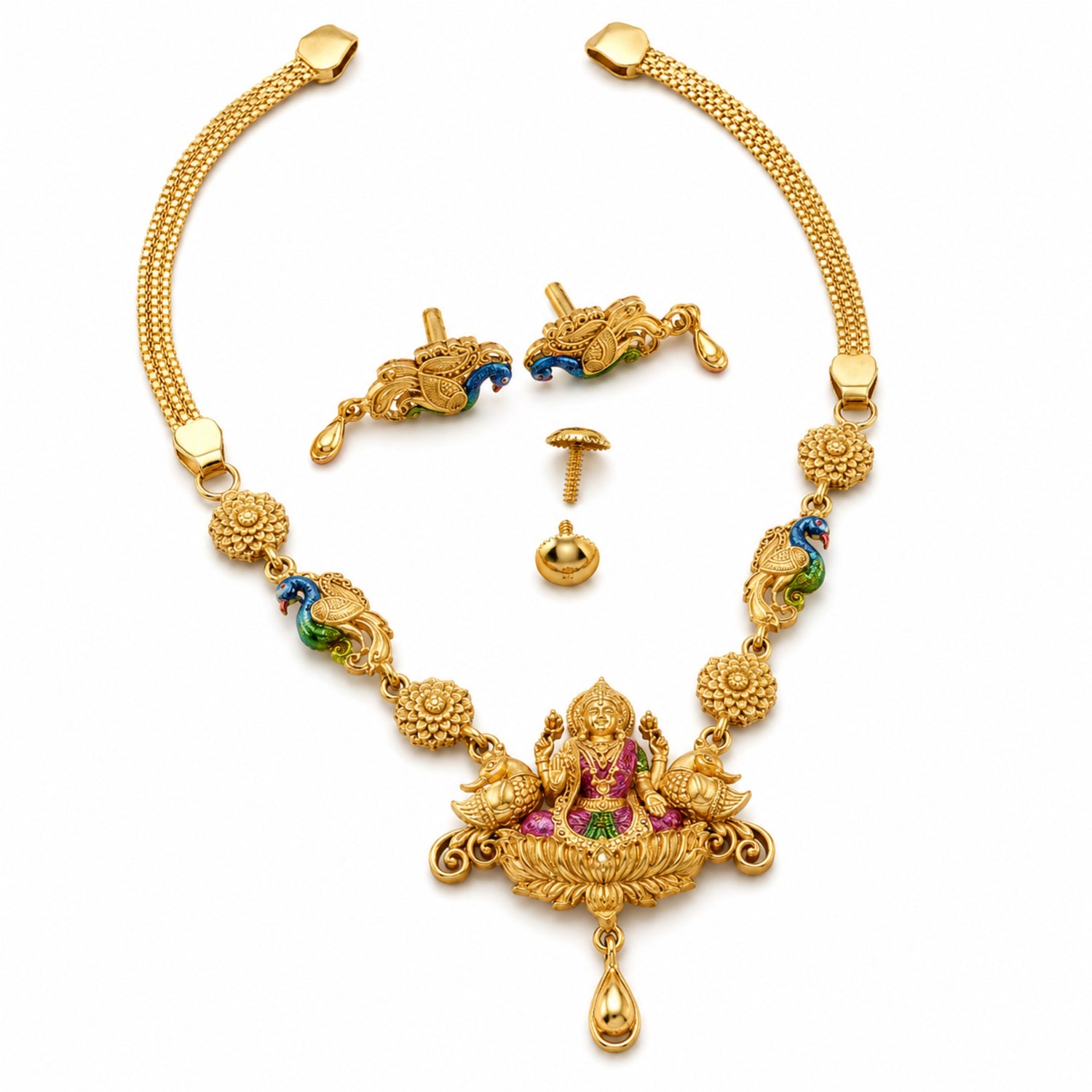 The Kamakshi Peacock Nakshi 925 Silver Gold Plated Necklace Set
