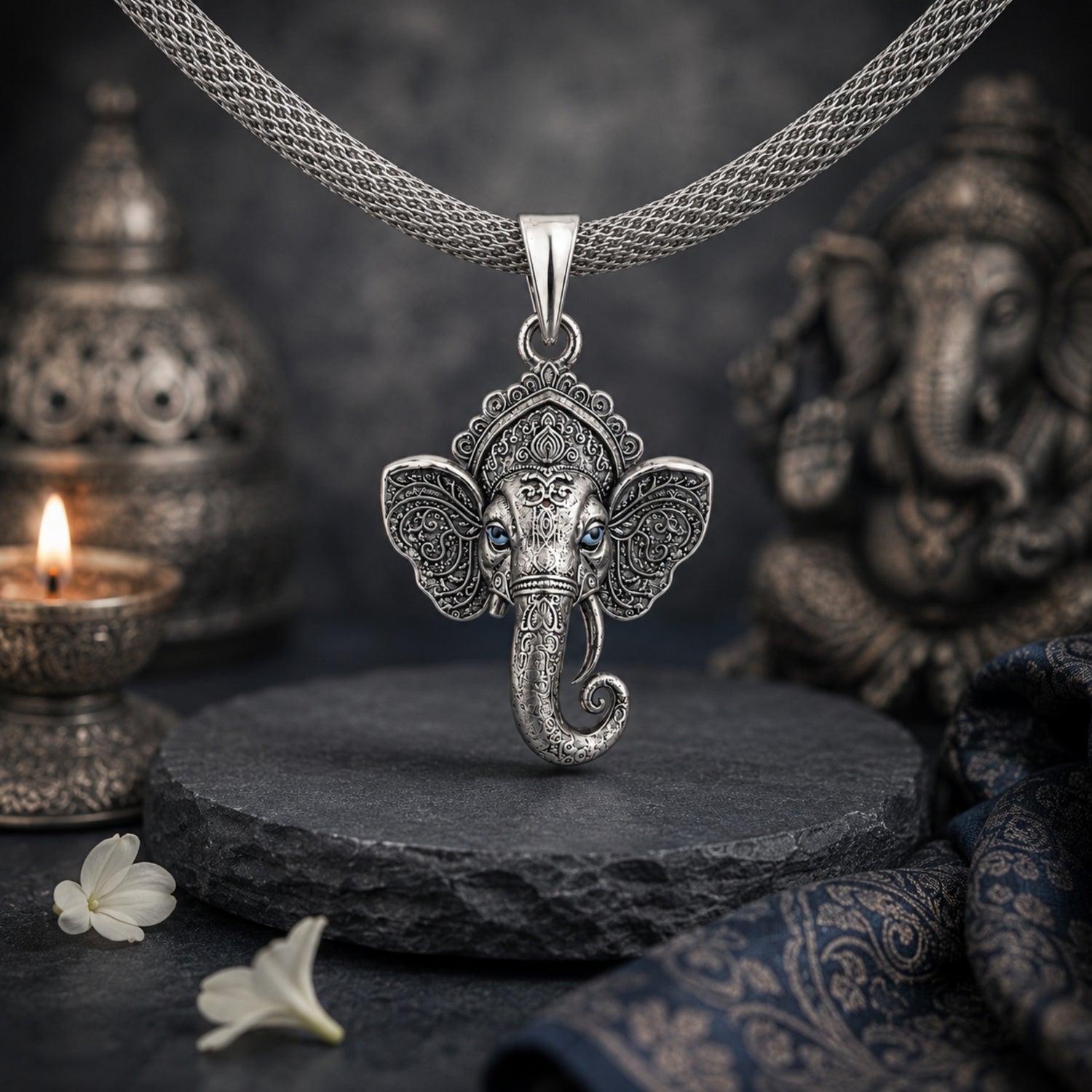 Antique Oxidized 925 Silver Blue-Eyed Ganesha Head Pendant