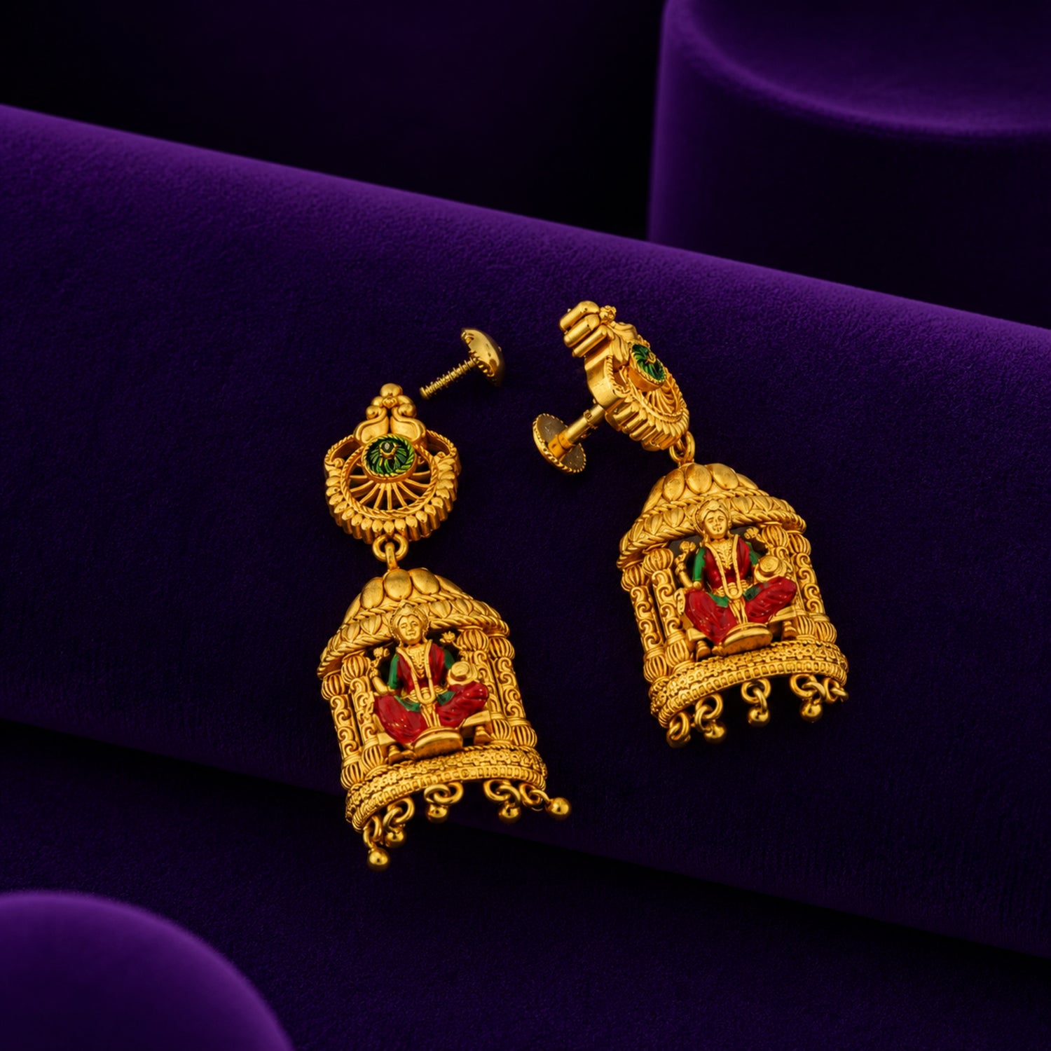 The "Goddess Lakshmi Chariot" Gold Polish 925 Silver Jhumka