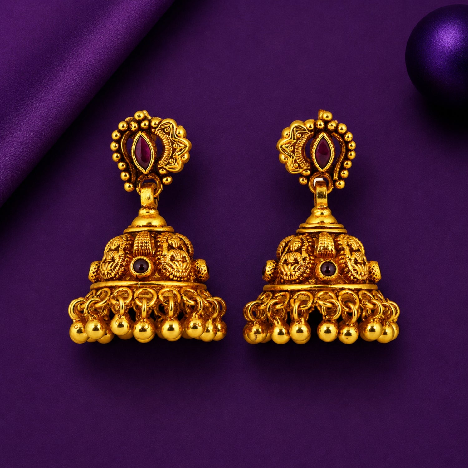 The Mayura Ruby Teardrop Jhumka – 925 Sterling Silver (Antique Gold Finish)