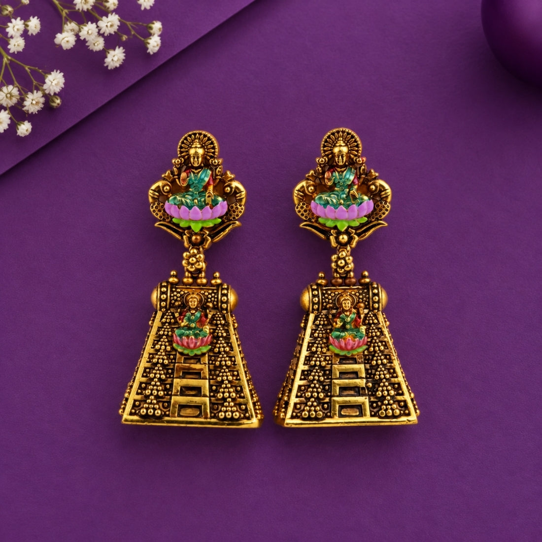The Devika Gopuram 925 Silver Antique Gold Enamel Earrings