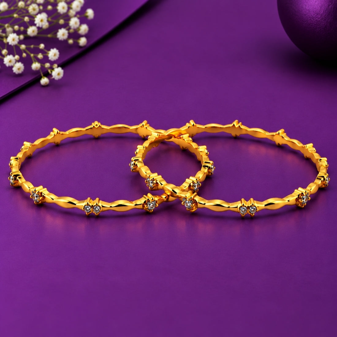 The Regal Clover Wave Twin-Stone Bangles (Set of 2 in 925 Sterling Silver with Premium 24K Gold Polish)