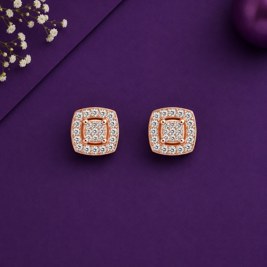 Rose Gold Pavé Cushion Halo Stud Earrings