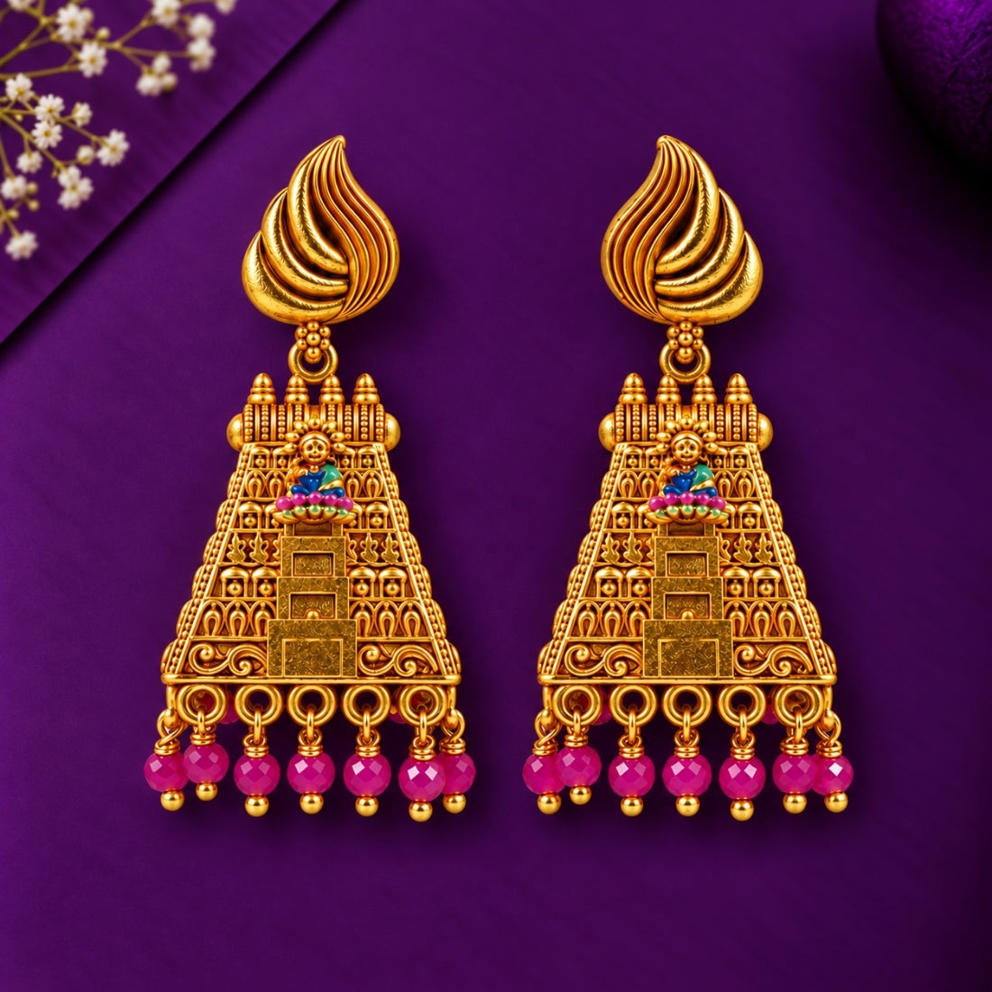 The Agni Gopuram Fuchsia Heritage Jhumkas