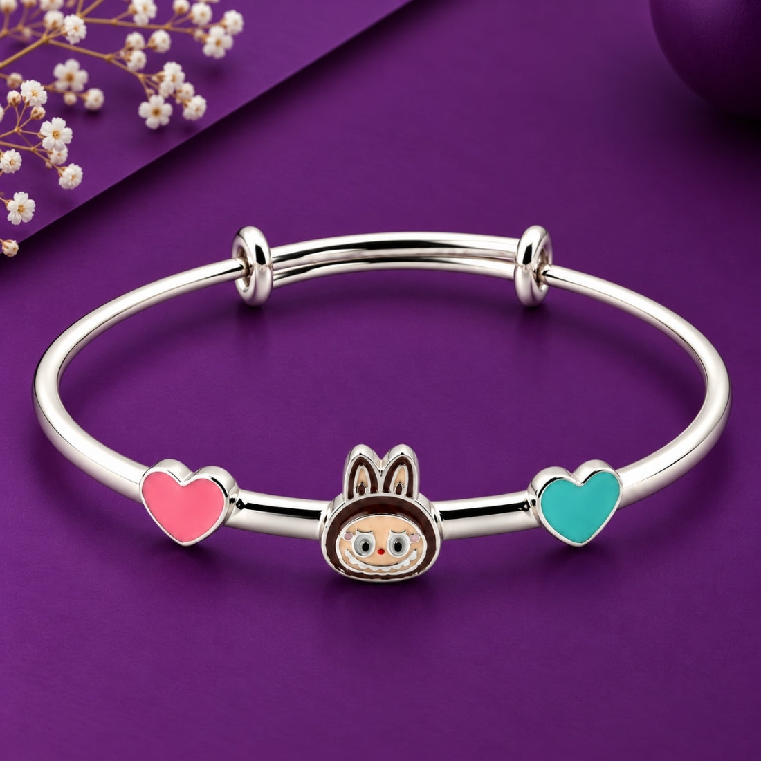 Labubu Playful Hearts 925 Sterling Silver Adjustable Kids Kada set (Rhodium Finish)