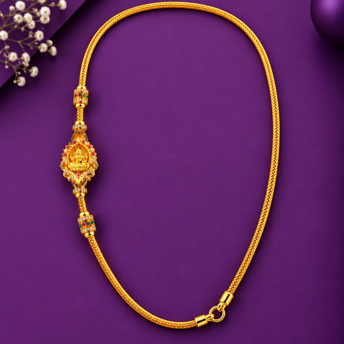 Divine Goddess Lakshmi Ruby Accented 925 Sterling Silver Gold Plated Thali Chain