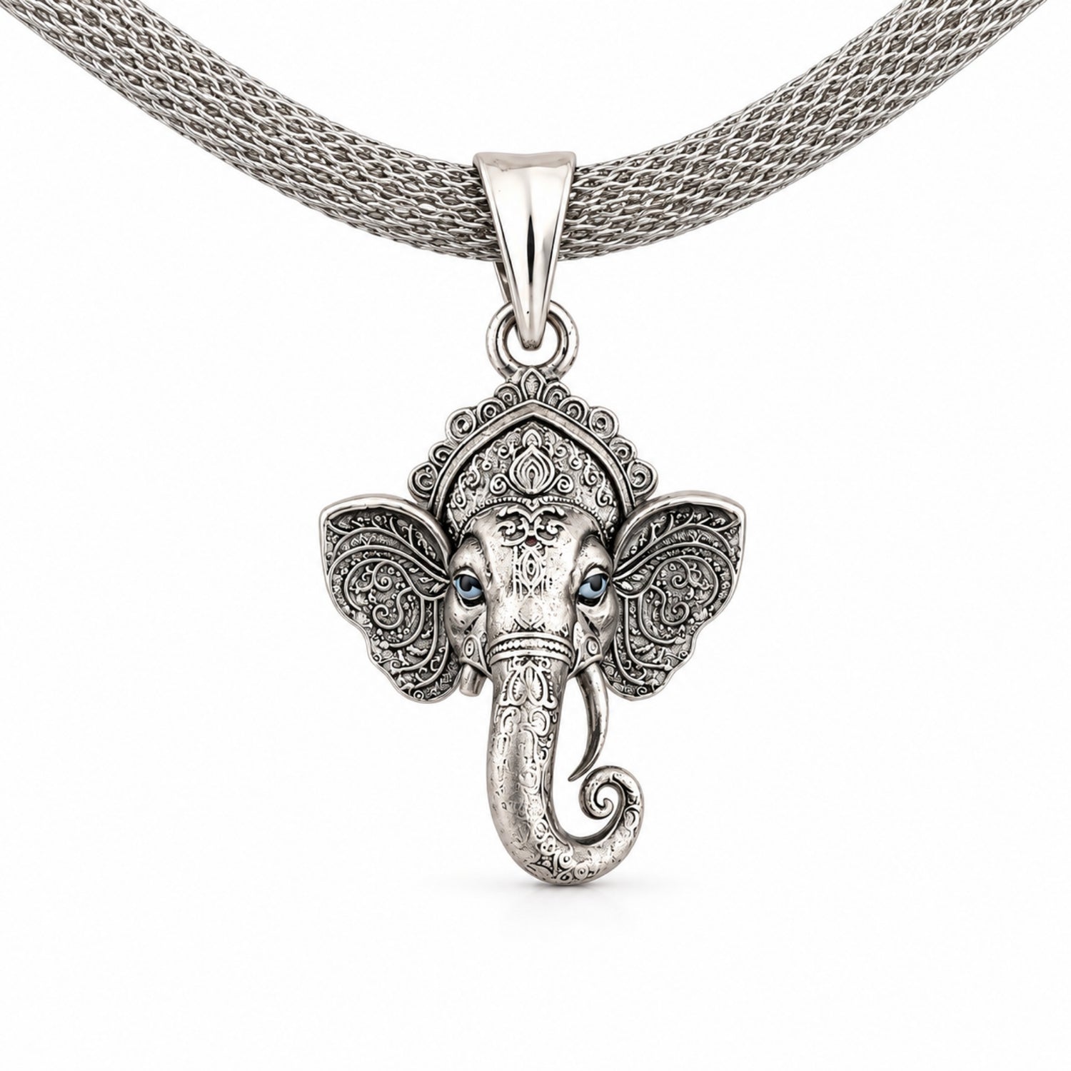 Antique Oxidized 925 Silver Blue-Eyed Ganesha Head Pendant