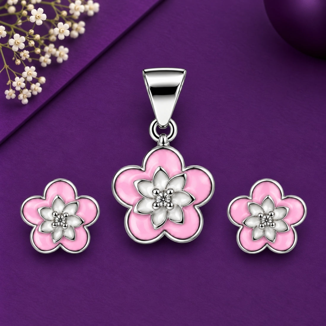 Blooming Lotus 925 Sterling Silver Dual-Tone Enamel Pendant & Stud Earring Set for Kids