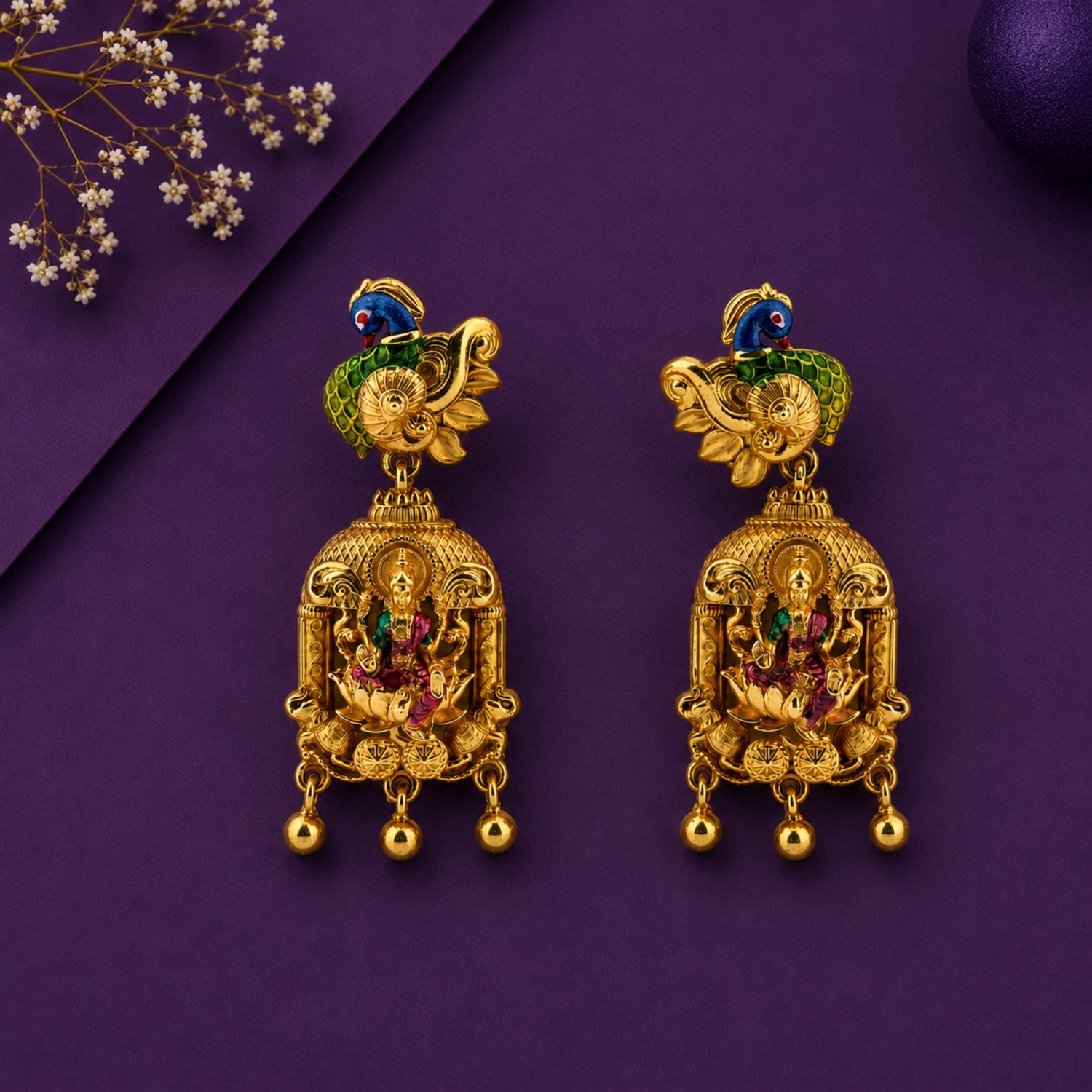 The Imperial Peacock Stud Lakshmi Shrine Gold-Plated 925 Silver Drops