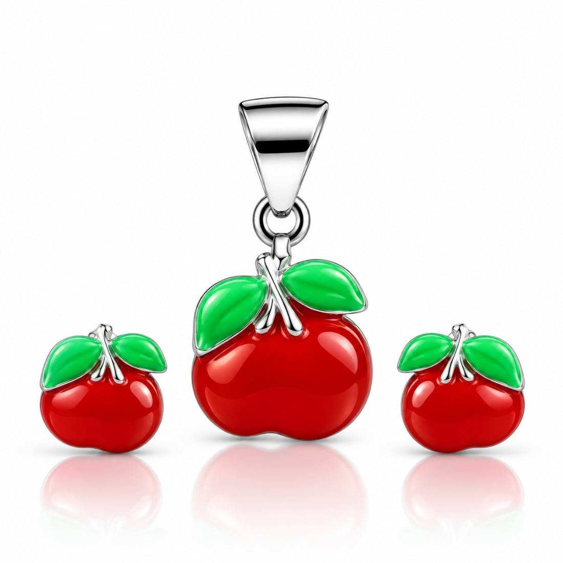 Sweet Apple 925 Sterling Silver Enamel Pendant & Stud Earring Set for Kids
